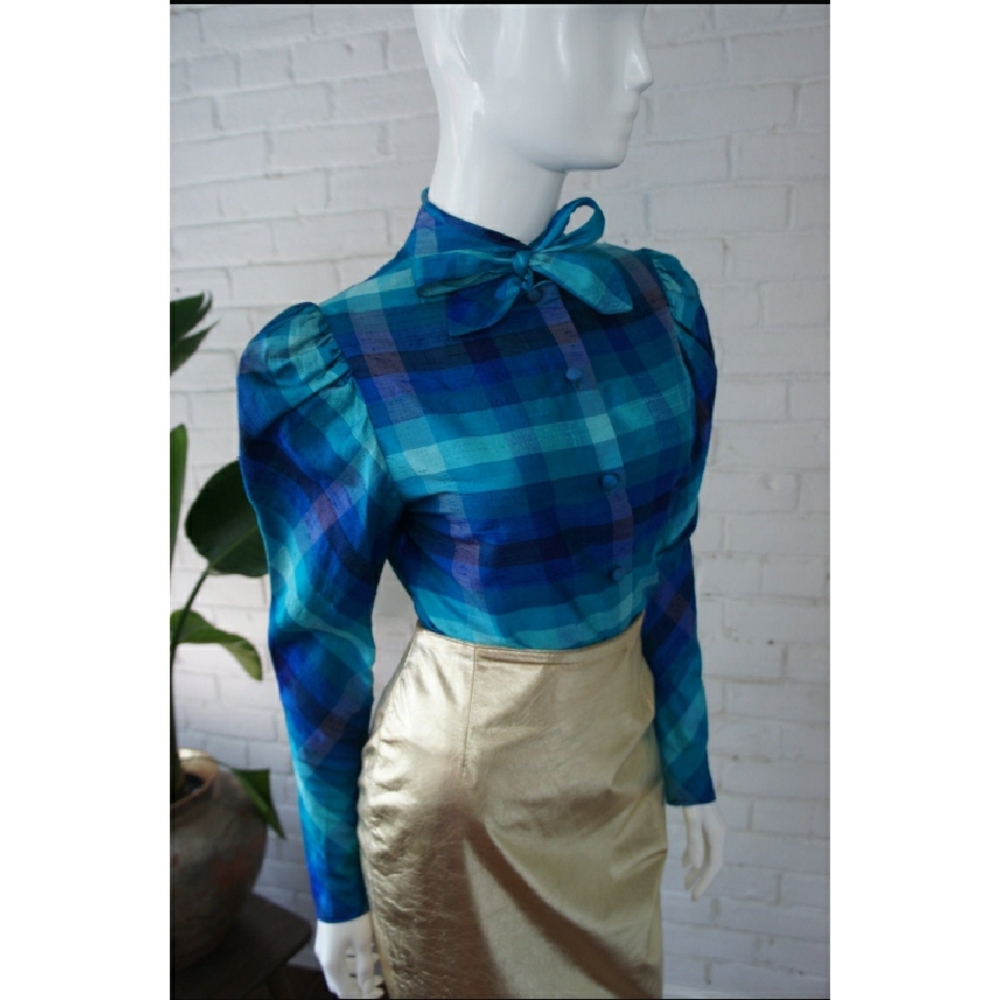 Vintage Plaid Silk Women's Top with Bow Detail
